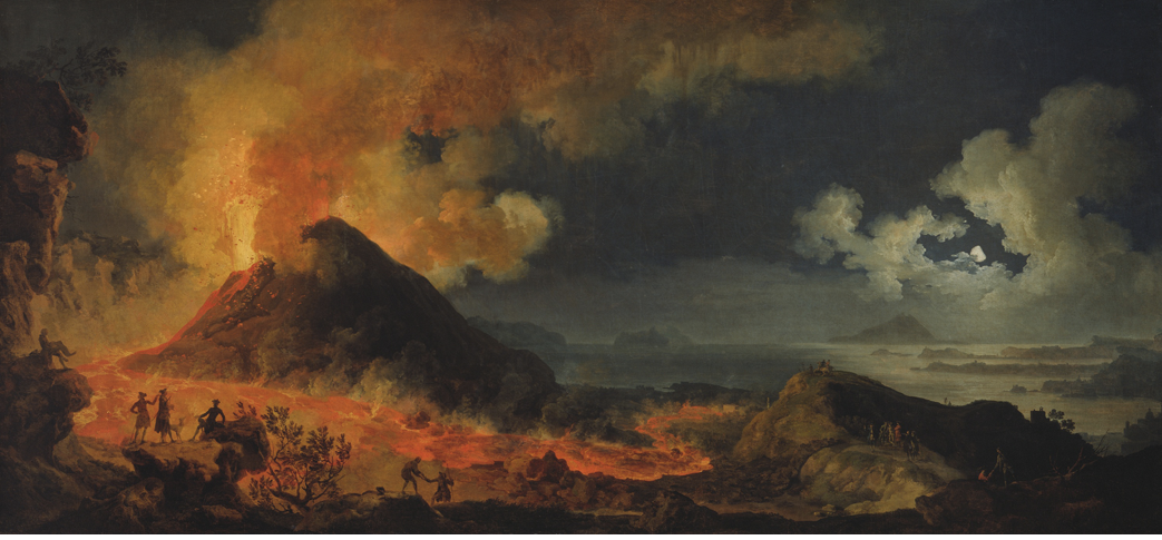 In this painting a volcano is erupting and spewing lava into the air Lava also pours down the left side and creates a flowing orange river downwards. Smoke billows into the night sky. In the forefront of the painting silhouettes of people can be seens, watching the eruption.