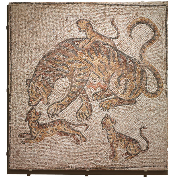 A mosaic with a large tiger sitting. below her are two small tiger cubs, one sitting and one running towards the mother. Anotehr cub sits on her back. There is a plain sandy-colored background.