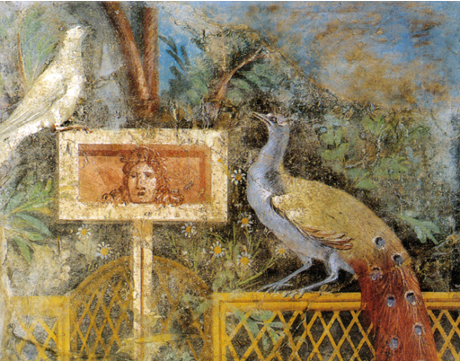 A colorful wall painting with a peacock sitting on a fence facing a white dove sitting on a decorated stand. In the background is a lush garden.