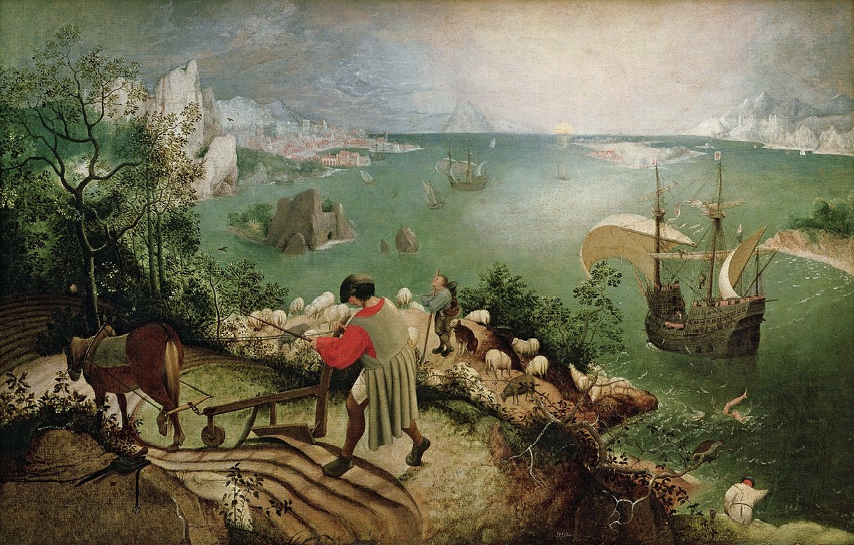 A painting showing a rural landscape on a hill overlooking the sea. In the foreground a man pushes a plough attached to a horse, tilling the earth in lines. Below him a man, leaning on a staff and surrounded by sheep, stands and looks up at the sky. To the left at the bottom of the cliff sits a man at the edge of the sea. Floating on the sea are big sailing boats. On the left, near a boat, two bare legs can be seen disappearing into the water.