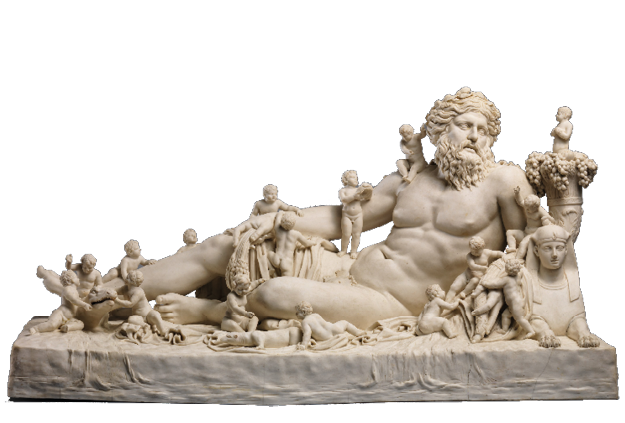 A marble statue of a nude man reclining on his side. He has long hair and a beard. His left arm is leaning on a sphinx and small children are climbing on him.