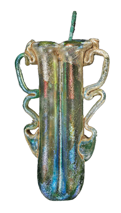 An elongated tube with two passages. It has a shiny and multicolored surface. On either side are thin wiggly handles.