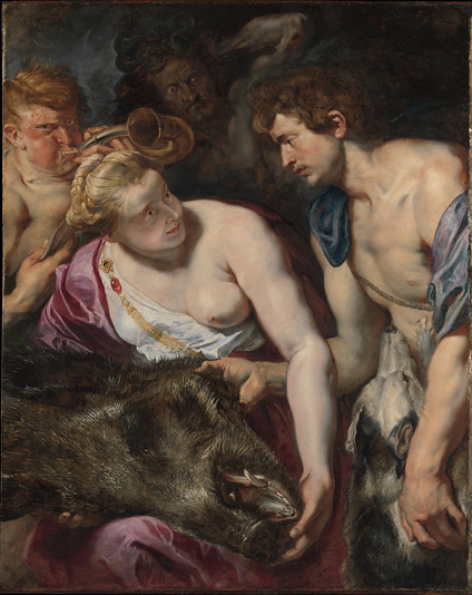 A painting showing a woman wearing a purple dress, with one breast exposed, sitting with the head of a dead boar on her lap. On the right stands a bare-chested man with a blue cloak who is petting a dog. Behind them are two figures, one blowing a horn.