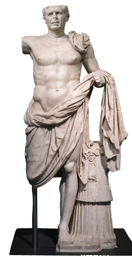 A marble statue of a man who is bare to the waist down with a muscular physique. He is holding a cloak around his waist and leaning against a short pillar. His right arm and leg are missing, as is his left hand and the top of his head. He has a stern face with a creased brow.