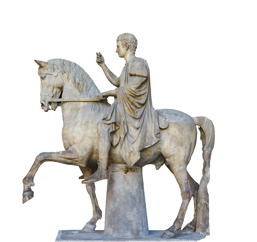 A side-on view of a statue of a horse with one front leg raised. Atop the horse is a young man wearing a flowing cloak. In his left hand he holds the reins, and he lifts his right arm in front of himself.