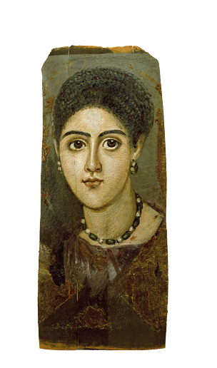 A wooden panel painted with the portrait of a woman with her hair plaited on topof her head. She has dark, defined eyebrows and wears earrings and a necklace.