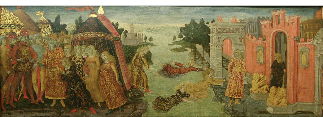 A painting in muted colors with gold leaf highlights which shows a crowd of people on the banks of the rive on the left. In the center is a river in which three women are swimming from left to right, and on the right a woman enters an arched red gate of a town.