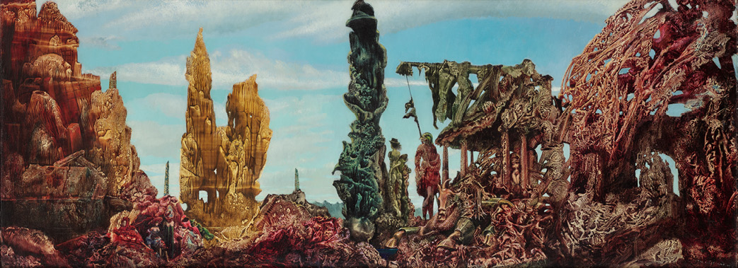 A modern painting showing a dystopian scene of destruction with twisted organic forms in shades of red and yellow. Behind is a bright blue sky.