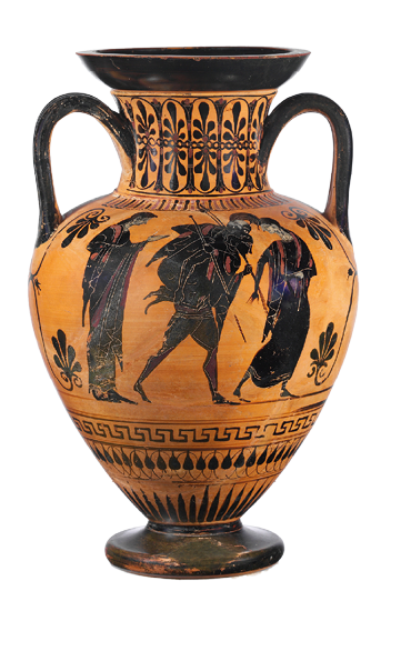 A ceramic vase with a narrow neck and two handles. The surface is a red color and figures are painted in black. The central scene shows a man wearing armor carrying another man. A female figure stands on either side of them.