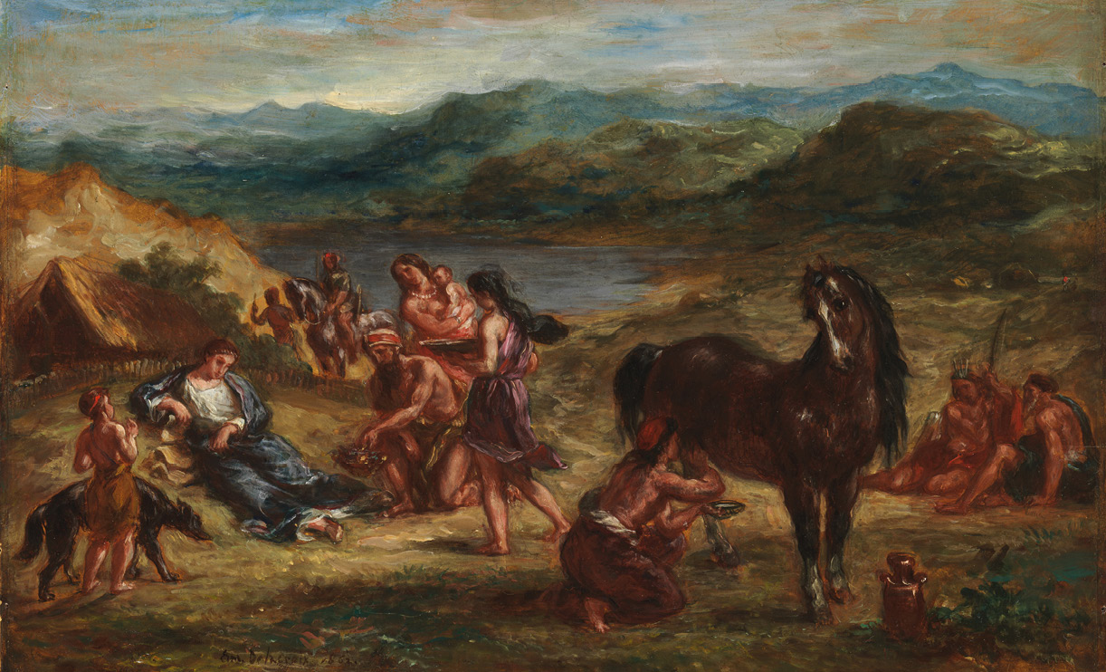 A painting of a rural mountain scene with a lake. In the foreground figures wearing short tunics or bare to the waist kneel on the floor. One figure bends next to a horse. On the left a figure in a long blue cloak leans back on a small hill.