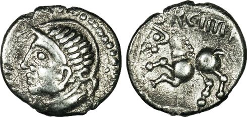 Two sides of a silver coin. One side shows a stylized side profile of a man. the other side is printed with a a stylized depiction of a horse.