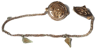 A pair of flat, circular metal discs connected by a thin chain.