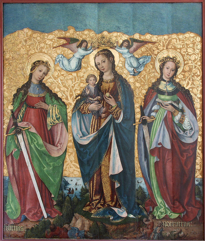 An elaborate painting showing three women standing on the edge of a coast. They wear long robes in rich colors and each has a halo around their head. The two women on either side carry swords. The woman in the center holds a young child and above her head two small winged angels hold a crown. The painting is excentuated with gold leaf.