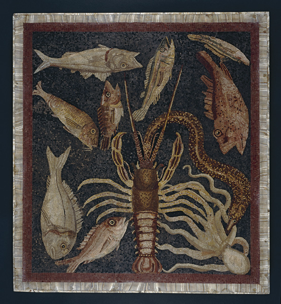 A square mosaic with a black background white frame. it depicts a variety of fish and sea creatures including a large lobster in the center and an octopus.