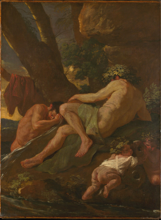 A painting of a man with a cloth round his waist and a garland of vines in his hair, leaning against a rock. Behind him a nude man crouches and lifts his hand to his face. In the foreground two young infants with garlands on their head are playing. The colors are very dark.