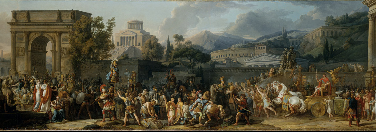 A painting showing a crowded procession moving from right to left. On the right a man wearing a red cloak is being pulled on a chariot by two white horses. On the left is a large triumphal arch. Behind is a generic classical scene with temples and a theater.