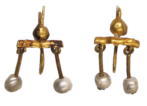 A pair of delicate gold earrings. Each one has a central bar and stud, from which hang two pearls.