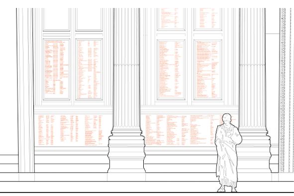 A simple drawing of the front of a building with pillars. On the front wall, red writing is inscribed on large slabs.