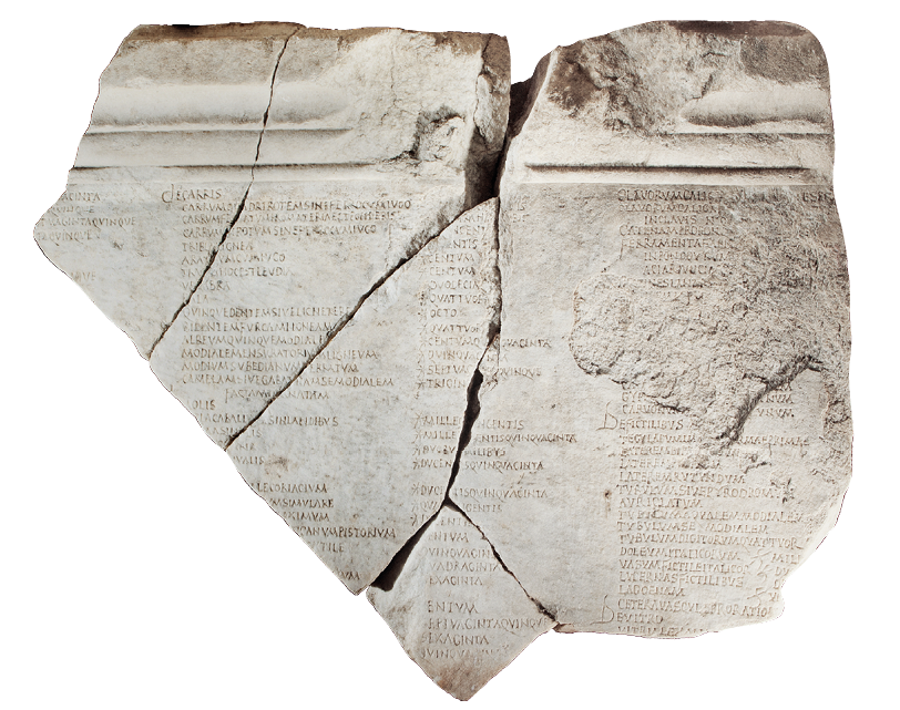 A fragment of marble with lists inscribed on it in small writing. The marble is cracked and damaged.