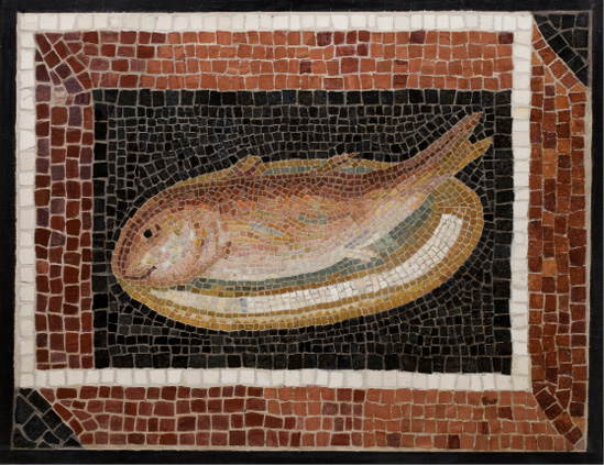 A mosaic with a black background and red and white frame. In the center is a red fish on a plate.
