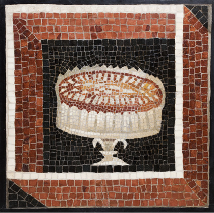 A mosaic with a black background and red and white frame. In the center is a large cake on a white stand.
