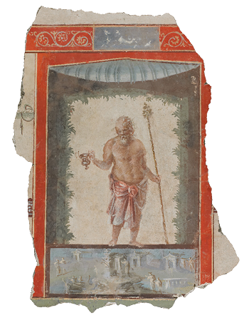 A fragment of wall painting with rough edges. It shows a man with a cloth tied round his waist holding a cup in one hand and a stick in another. Around is a border of leaves and then a red, patterned frame.