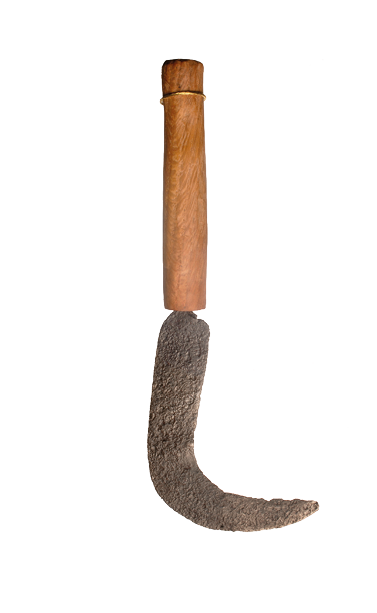 A tool with a wooden handle and a curved metal blade.