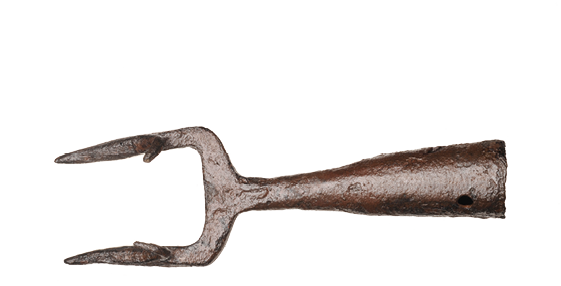 A metal implement with a handle and two sharp prongs.