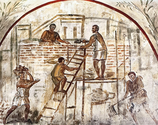 A wall painting of a scene of five men building a brick wall. Two stand at the top of a ladder on a scaffold structure laying the bricks. One is halfway up the ladder, and two more are on the ground.