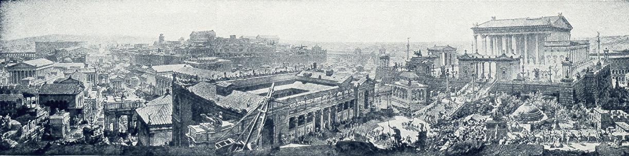 A grayscale drawing showing an imagined aeiral view of ancient Rome. The scene is full of buildings and streets, and a large temple is visible on the right. There is a lot of building activity.