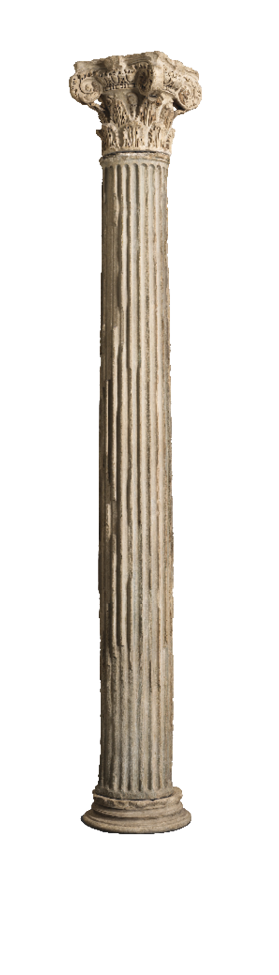 A marble column with grooves all around and an ornately decorated top with leaves and vines.