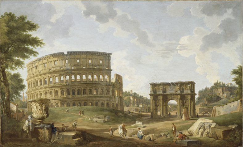 A painting of a rural landscape. On the left stand the remains of a large amphitheater, partially destroyed, and on the right a triumphal arch. In the foreground are slabs of marble, some of which people are sitting on.