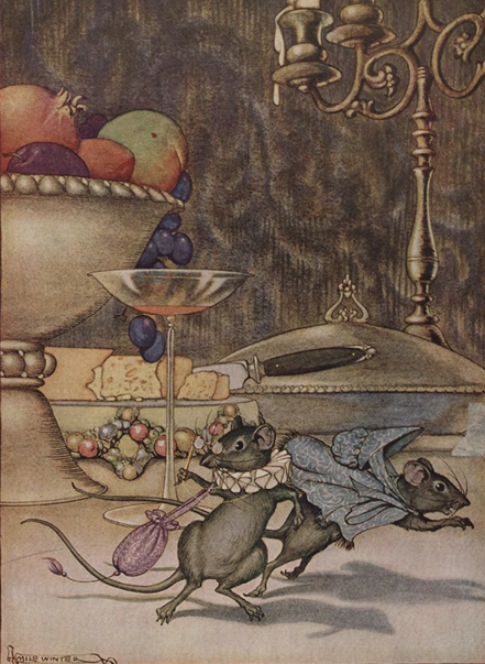 A drawing of two mice running across a dining table. One wears a blue cloak, and another a ruff around its neck and a pink bag. Behind is a large fruit bowl and serving dishes.