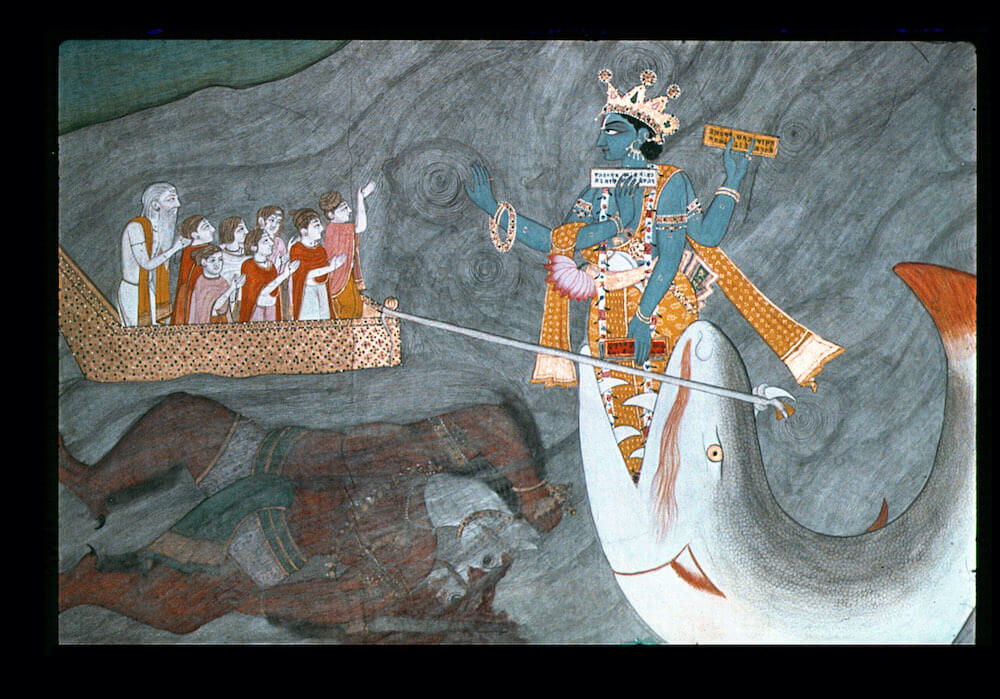 A painting shpwing a boat full of people on the left in a stormy sea. On the right is a large white and grey fish. From the mouth of the fish stands a man with blue skin and four arms with a crown on his head.