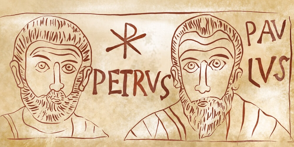 A drawing of a stone slab on which is carved the heads of two men. The words PETRUS and PAULUS are inscribed next to their heads. Both the men have beards.