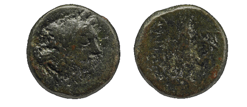 The front and back of a crudely stamped coin in a dark metal. On one side the profile of a man is just visible.