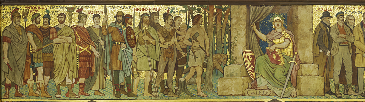 A long painting which depicts a line of people. Above the figures are names. On the right a female figure sits on a stone throne holding a book. On one side of her is a shield and on the other a sword. The details and the background are highlighted in gold.