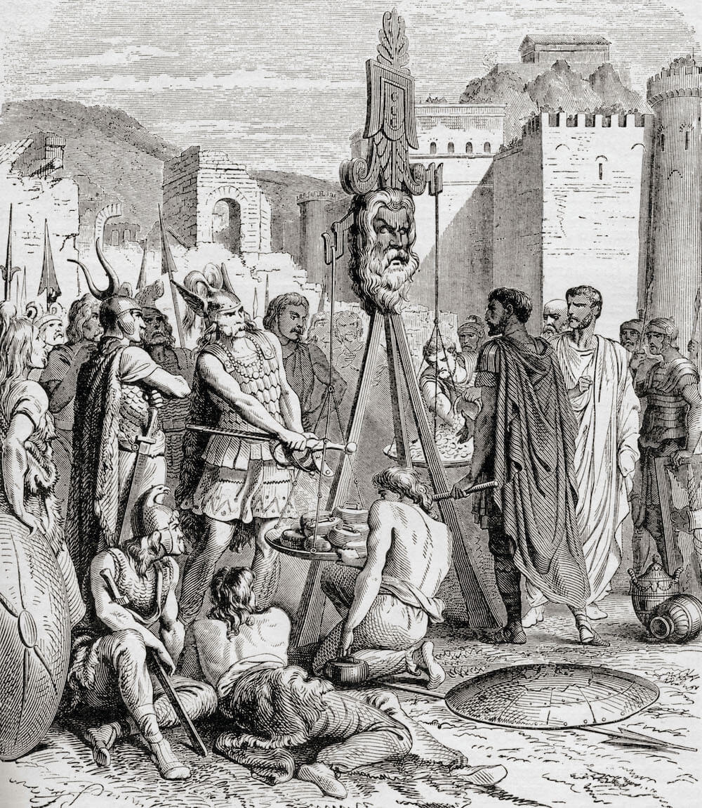 A drawing showing Gauls and Romans stood around a balance, in which a heap of gold is being weighed against stacked lead weights.