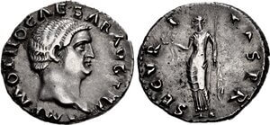 A coin with the head of Otho. He has a relatively short face and a medium length fringe.