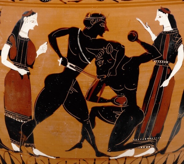 A vase painting in black, red, white and yellow slip. Theseus stabs the Minotaur in the shoulder, and blood gushes forth. Two women stand on either side of this scene.